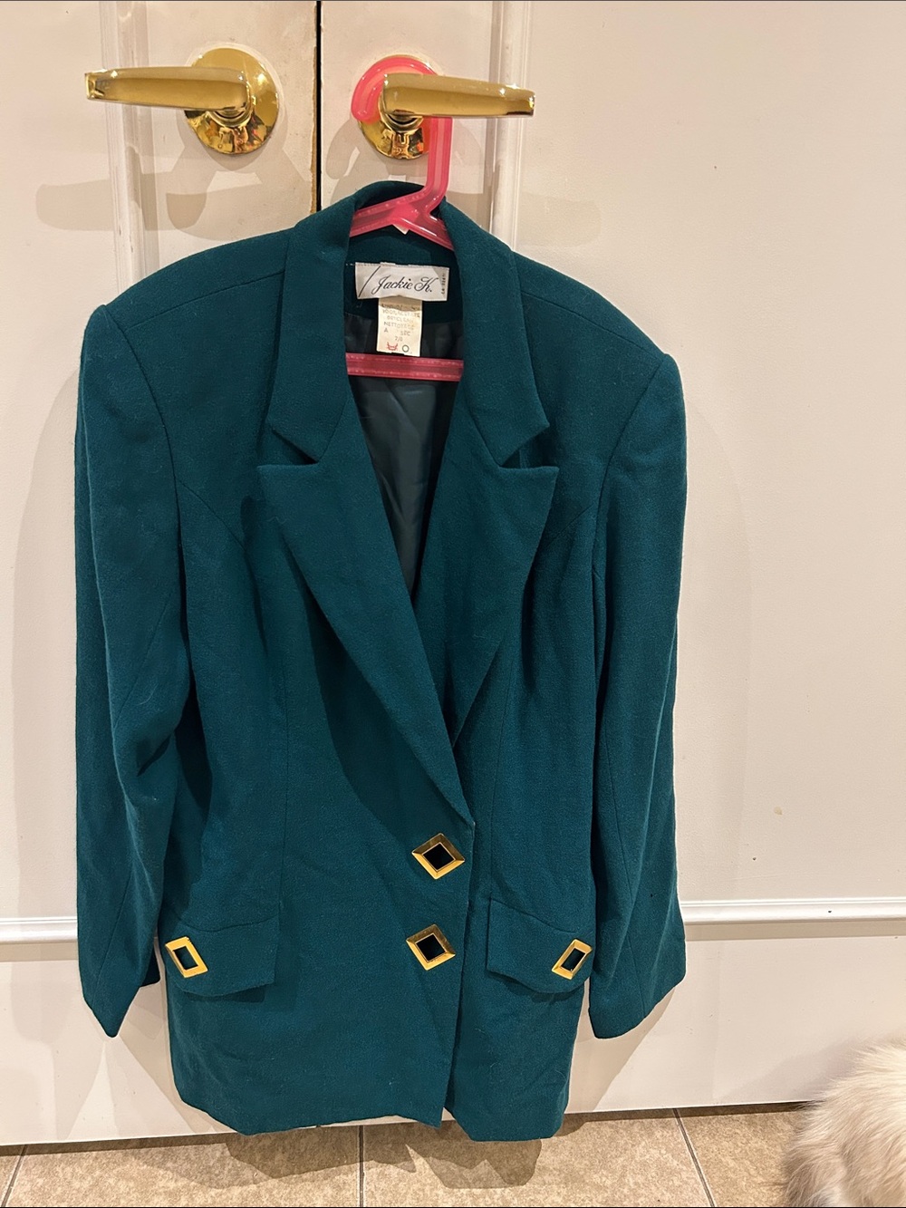 Unique Vintage Teal Wool Blazer Jacket with Gold Accent Square Buttons
